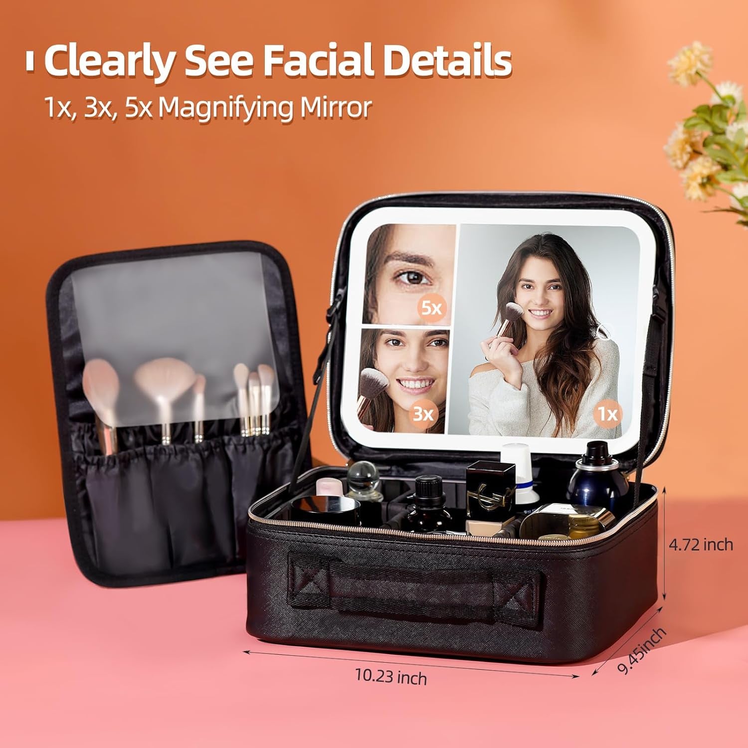 Travel Makeup Bag with LED Lighted Make up Case with 3X 5X Magnification Mirror Cosmetic Makeup Box Organizer Vanity Case for Women Beauty Tools Accessories Case Rechargeable