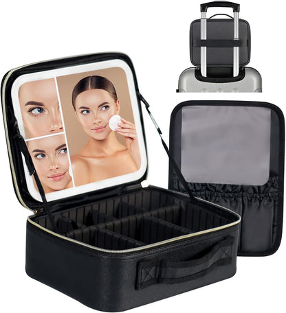 Travel Makeup Bag with LED Lighted Make up Case with 3X 5X Magnification Mirror Cosmetic Makeup Box Organizer Vanity Case for Women Beauty Tools Accessories Case Rechargeable